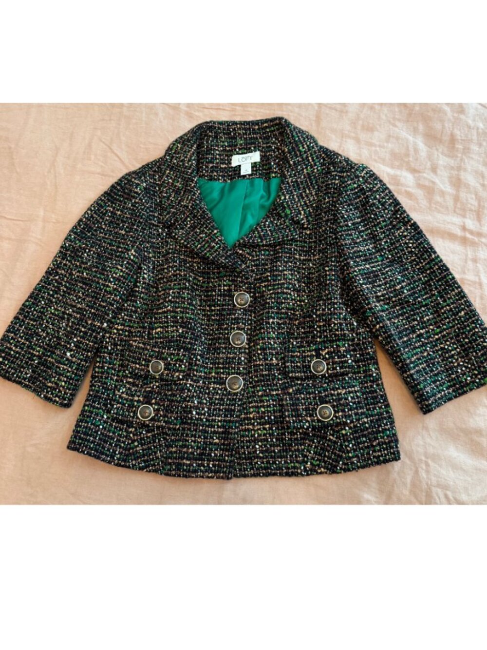 Green tweed cropped suit jacket LOFT size 10 - with optional matching shoes